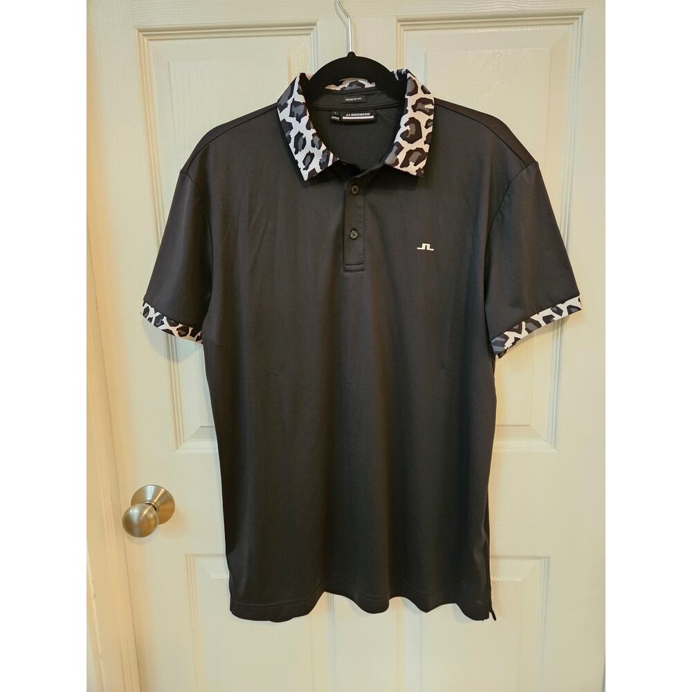 J.Lindeberg Golf Polo Shirt Men’s Black Leopard Trim Performance Short Sleeve L